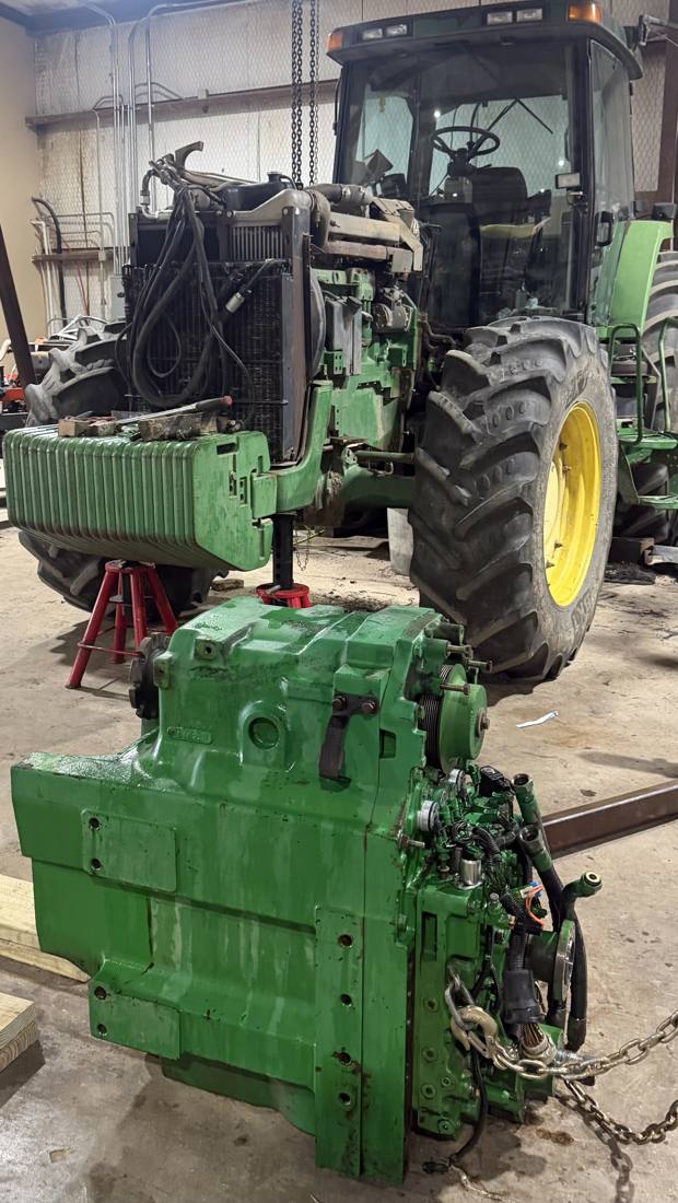 John Deere tractor undergoing major repair at Hebert's Repairs